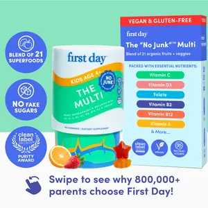 First Day Kids Multivitamin Gummies Ages 4-12, Natural Strawberry Orange Flavor - 21 Organic Superfoods, 9 Key Nutrients, Vitamin C D3 B12 Folate - Immunity, Healthy Growth, Energy, Picky Eater Approved - 30-Day Supply, Vegan, Non-GMO, No Junk Dietary